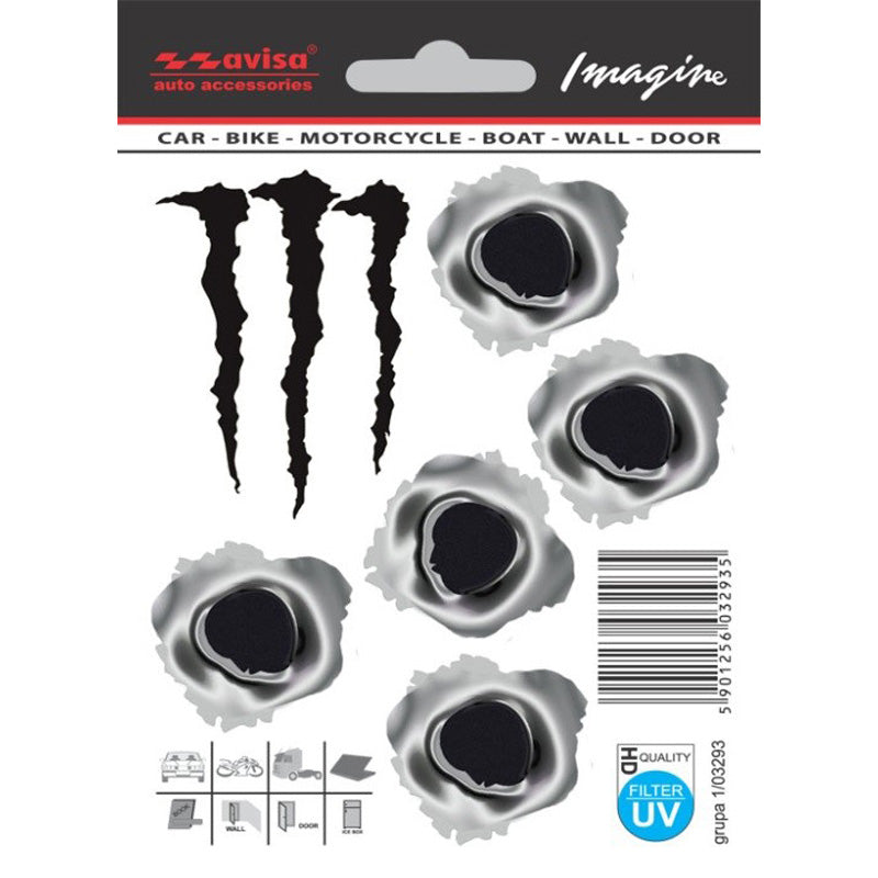 Avisa, Bullet Hole Sticker Monster Decal - Svart/metall - 3,5x3,5 cm 4,5x6,5 cm