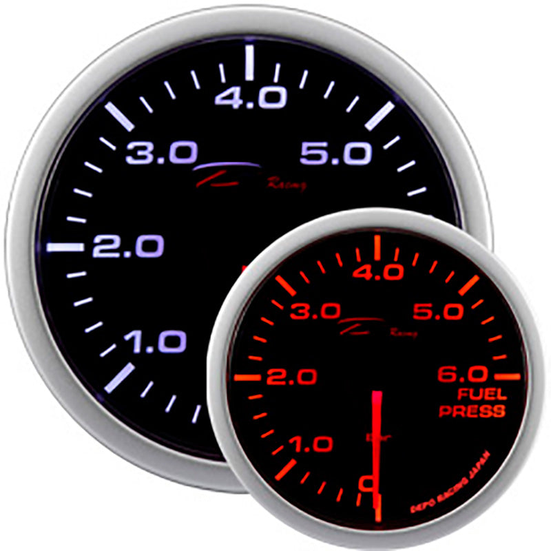 Depo Racing, WA-serien Bränsletrycksmätare - 0,0>6,0 bar - 52 mm - Rökt lins - Aluminium - Dual Color LED